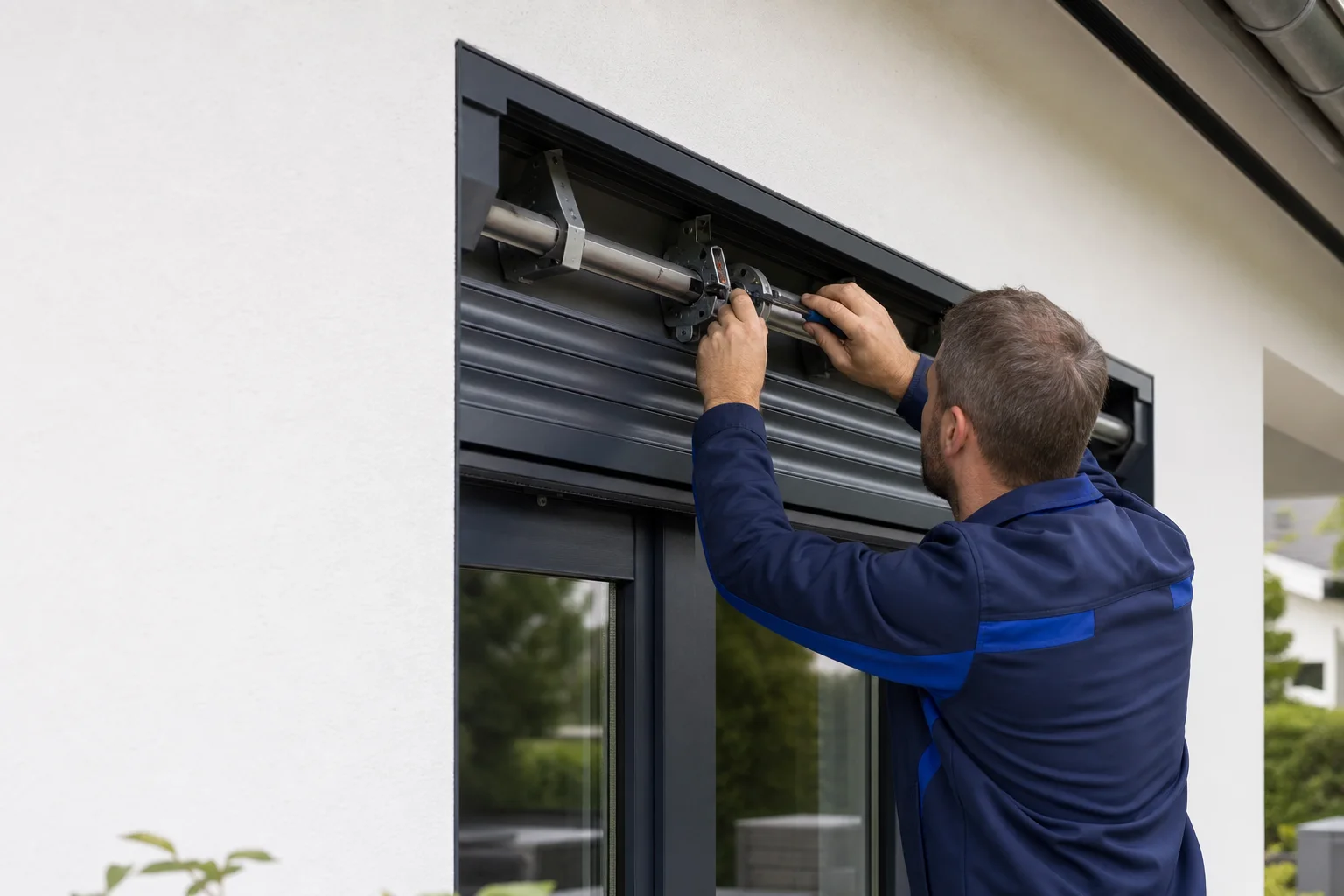 Handwerker repariert den geöffneten Rollladenkasten