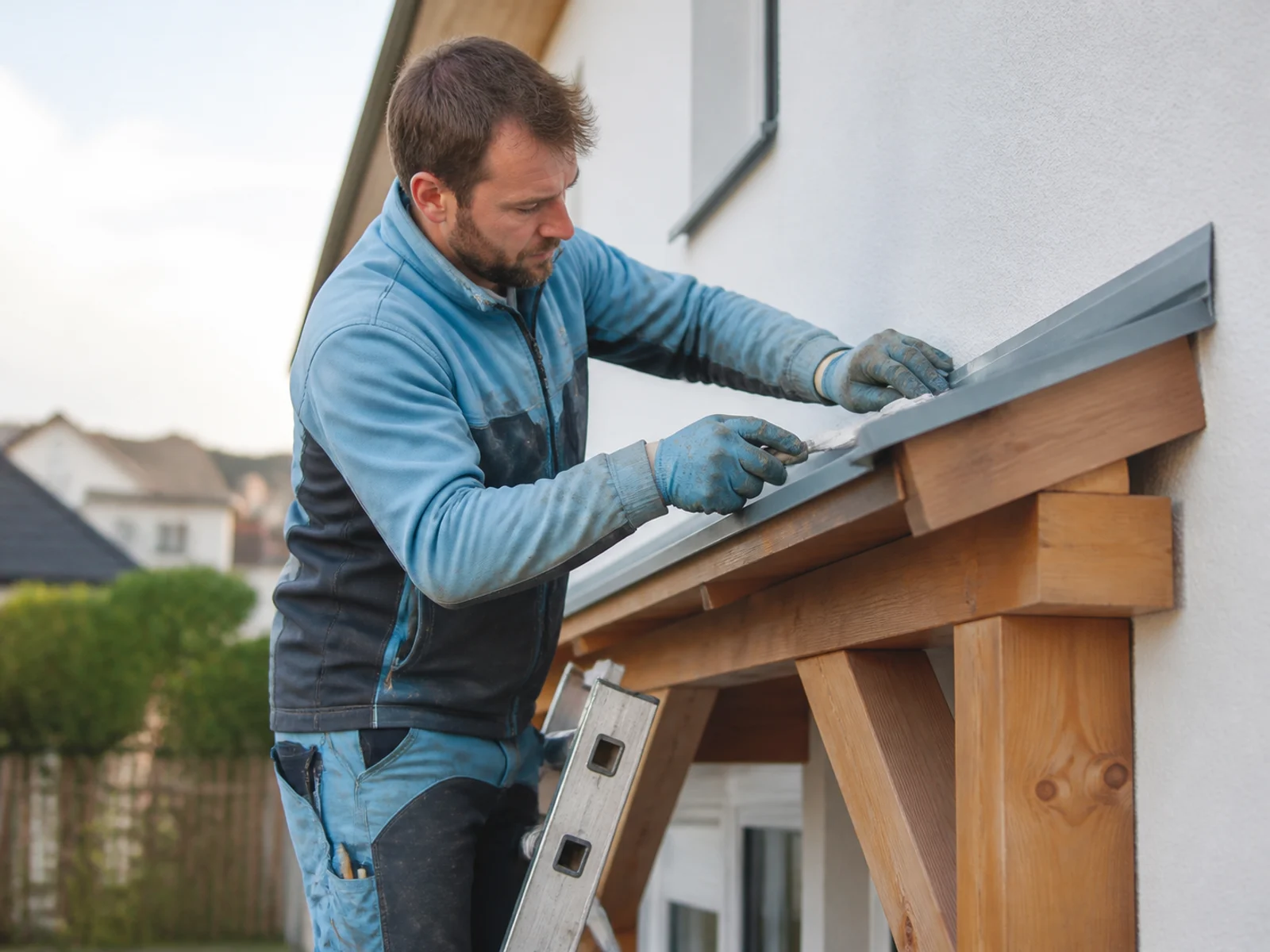 Handwerker dichtet den Wandanschluss eines Terrassendachs neu ab